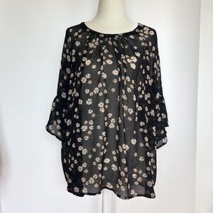 Floral Black Sheer Women's Blouse Top Layer ruffle sleeves